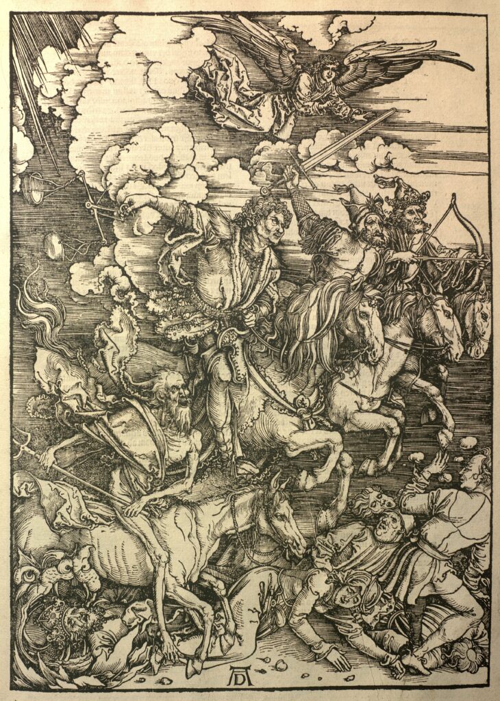 Albrecht Dürer, Les Quatre Cavaliers de l’Apocalypse extrait de l’Apocalypse, 1497-1498, gravure sur bois (UMONS). 
